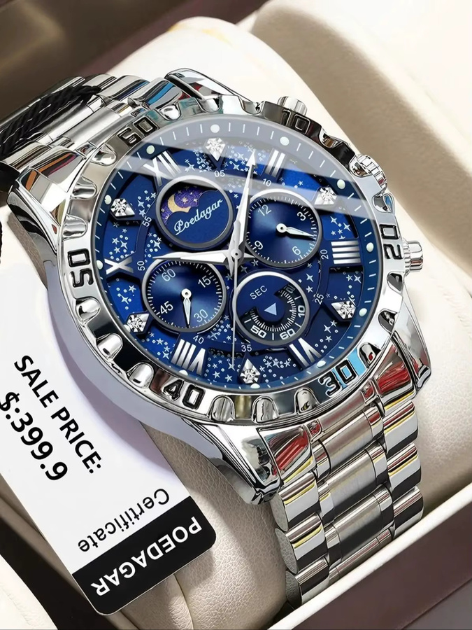 POEDAGAR Chronograph Armbanduhr, Quarz, Edelstahl, Gold Blue, Herren - Bild 7