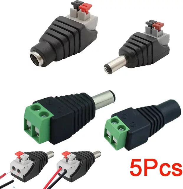 5 Stück DC-Stromanschluss-Adapter Set mit männlichen und weiblichen Steckern 2,1 mm x 5,5 mm in Schwarz für CCTV-Kameras und LED-Streifen - Bild 1