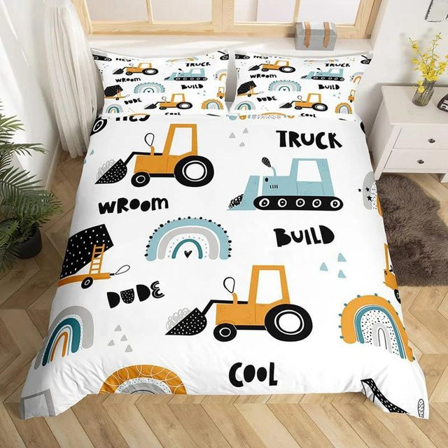 Allbestart Bettwäscheset mit LKW und Bagger Motiv für Kinder, Queen Size, Weiß, B/H: 70 x 133 cm - Bild 1