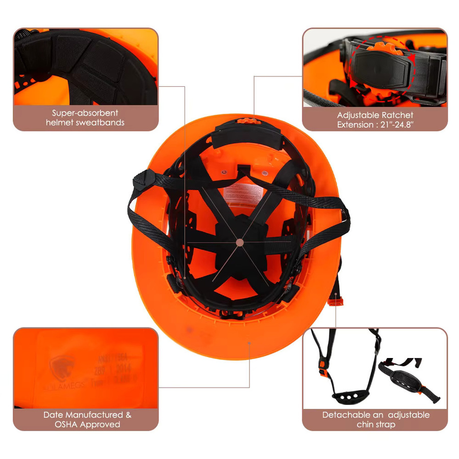 Aolamegs Schutzhelm mit voller Krempe und integrierter Schutzbrille in Grün und Orange, CE-zertifiziert, atmungsaktiv für Baustelle und Industrie - Bild 3