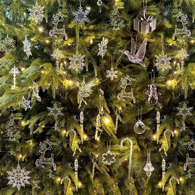 5er Set WYDRIM Weihnachtsanhänger aus Acryl in Kristalloptik mit Schneeflocke, Elch und Schneemann für den Weihnachtsbaum, transparent - Bild 1