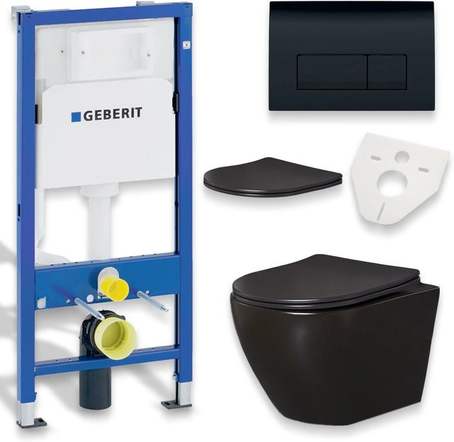 KOLMAN WC-Komplettset mit Vorwandelement und Betätigungsplatte in Schwarz, Wand-WC aus Keramik mit Rimless-Spülsystem und Soft-Close-Funktion - Bild 1