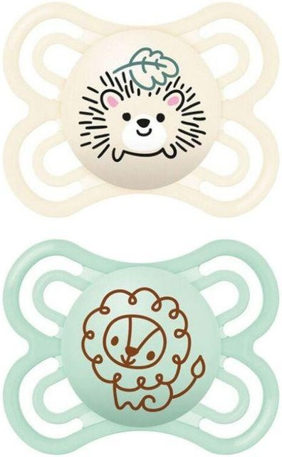 MAM Perfect Schnuller 2er-Pack für Babys 0-6 Monate mit orthodontischem Design in Weiß (Modell: Igel und Löwe) - Bild 1
