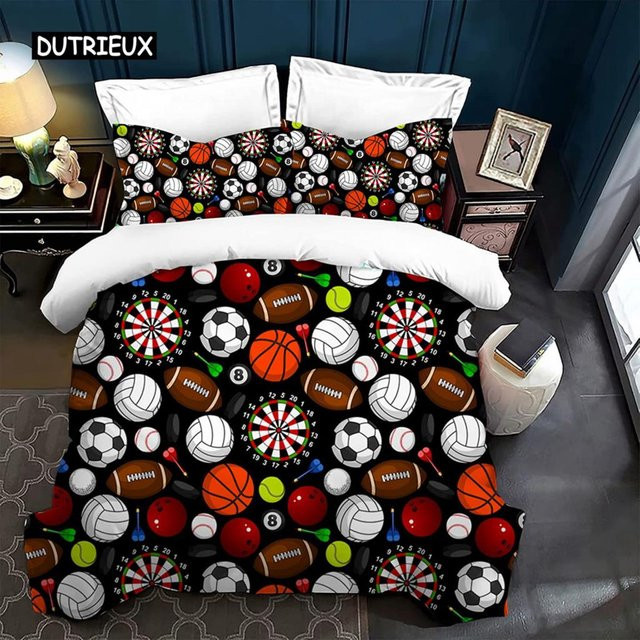 3-teiliges Bettwäsche-Set Wucifang Bags mit Basketball-Fußball-Muster und Reißverschluss, Multicolor, B/H: 135 x 200 cm - Bild 1