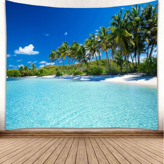 Ozean Strand Wandteppich von JMG Household Supplies mit tropischem Palmenbaum Design in Blau, Breite: 300 cm, Höhe: 180 cm - Bild 1