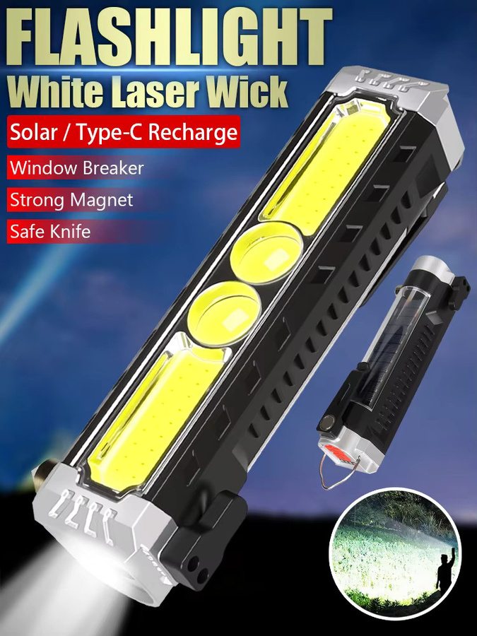 XIWANGFIRE EDC-Taschenlampe in Schwarz, solarbetrieben und wiederaufladbar, wasserdichte LED-Arbeitslampe mit Magnet, COB-Licht, Fensterbrecher und Cutter für Camping und Wandern - Bild 6