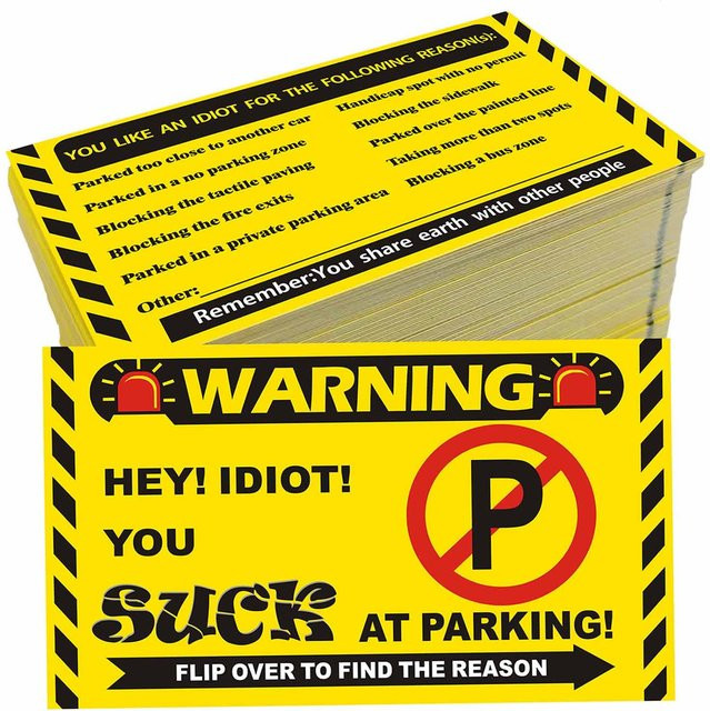 50 beschreibbare Visitenkarten You Park Like an Idiot in Gelb mit Ösen zur Parkplatzwarnung - Bild 1