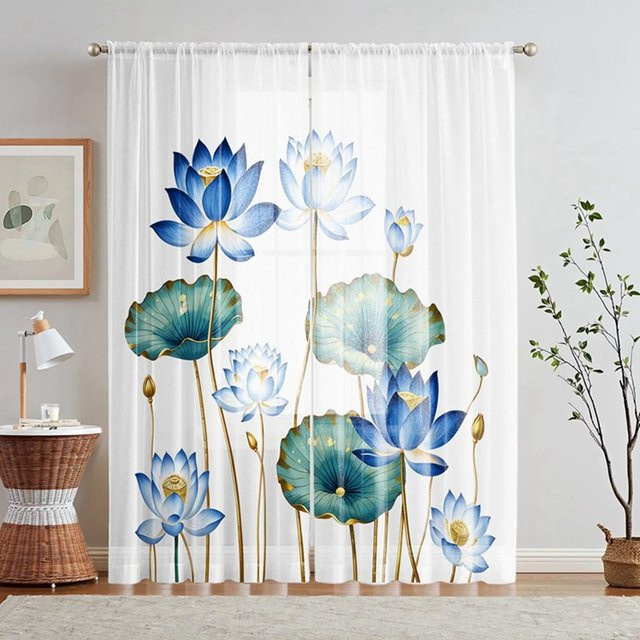 2er-Set halbtransparente Vorhänge mit blauem Lotusblumen-Print, modern und floral, Weiß/Blau, B: 132 cm, H: 160 cm - Bild 1