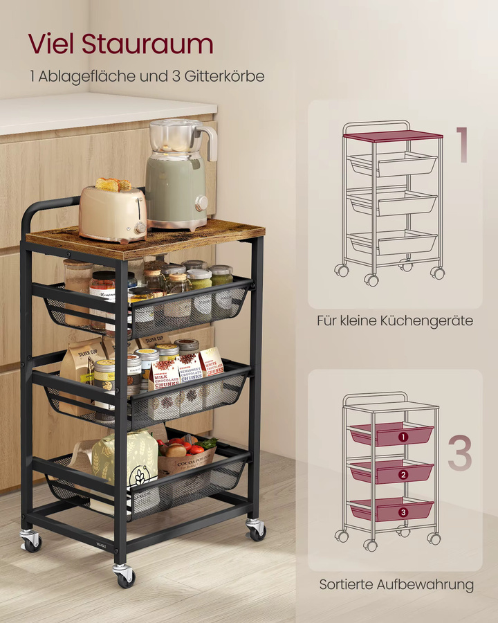 VASAGLE Servierwagen mit 4 Ebenen und herausziehbaren Körben in Schwarz-Braun, Rollwagen für die Küche, B/T/H: 31,7 x 40 x 76 cm - Bild 3
