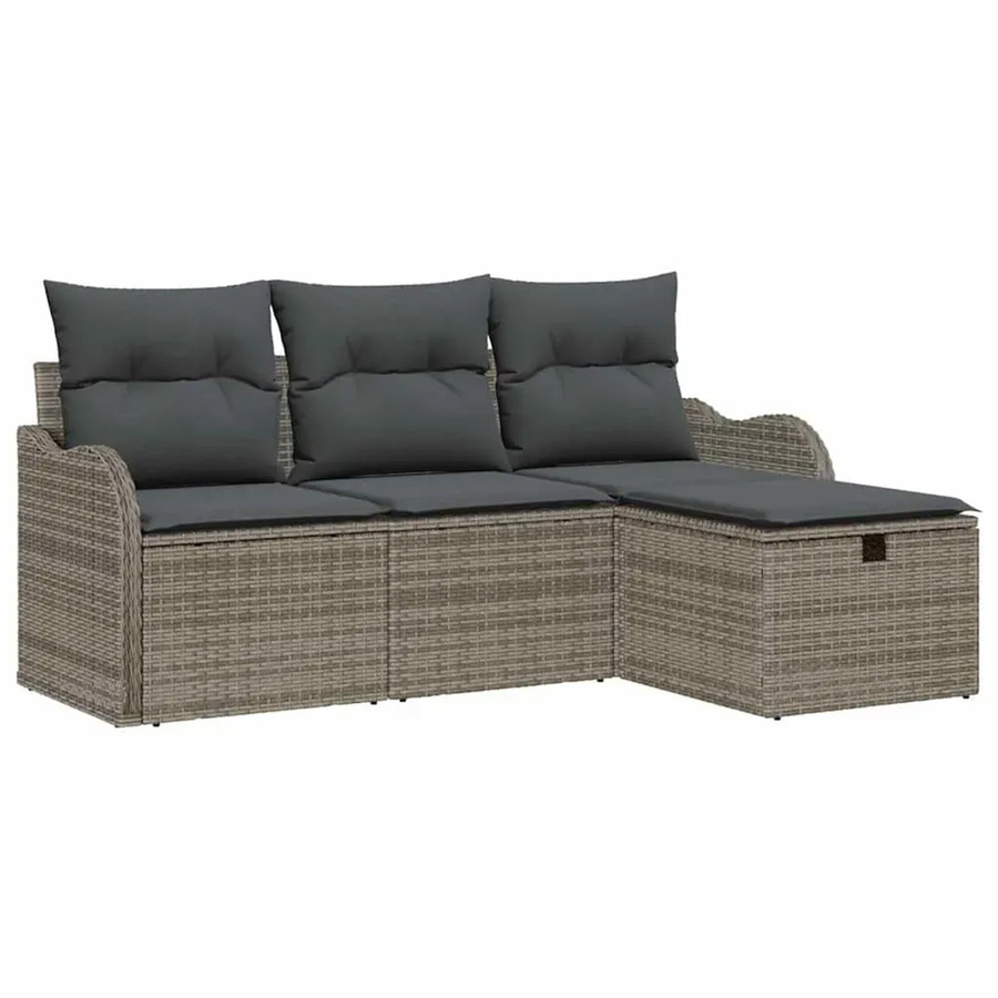 vidaXL Garten-Sofa-Set aus Polyrattan in Grau, 4-teiliges L-Shape Lounge-Set mit Ottoman, Kissen und integriertem Stauraum - Bild 2