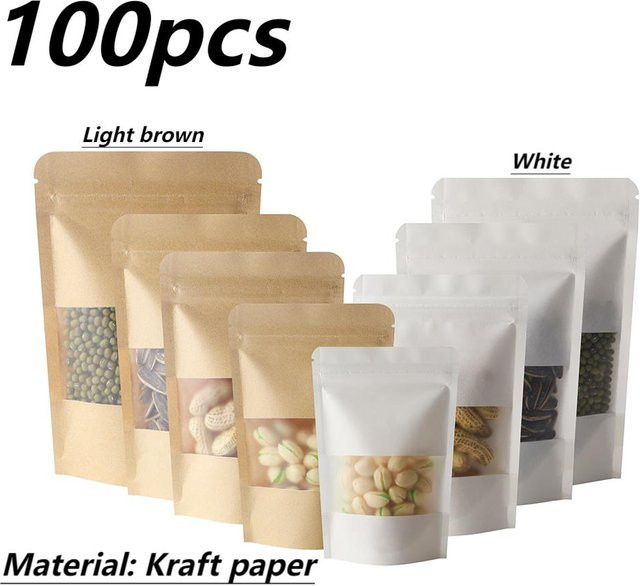 100 Stück Kraftpapier-Standbeutel mit mattem Fenster in Braun und Gelb, selbstversiegelnde Beutel mit Reißverschluss für Snacks, Trockenfrüchte und Tee - Bild 1