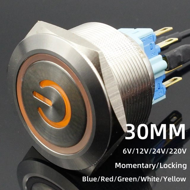 ELECAPITAL LED Push Button Schalter aus Edelstahl mit Power Symbol, wasserdicht, Farbe: Silber/Gelb, Durchmesser: 30 mm - Bild 1