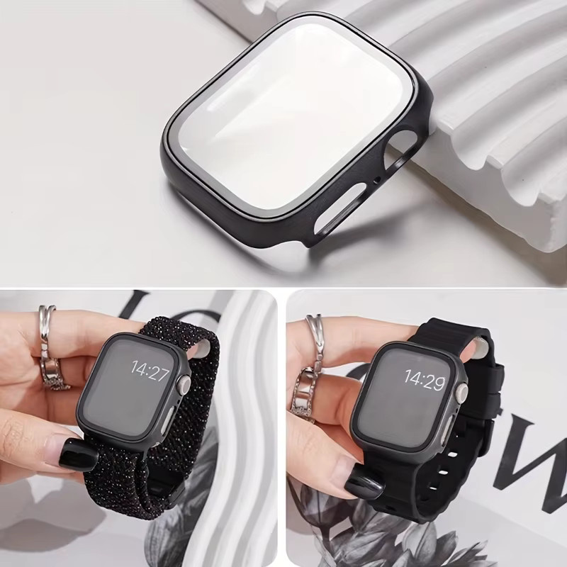 PEO Displayschutz für Apple Watch, 2er-Pack, Gehärtetes Glas + Hülle, Schwarz - Bild 2
