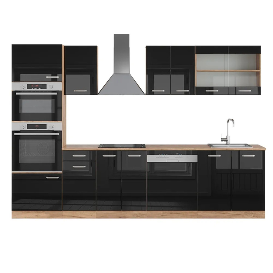 Vicco R-Line Küchenzeile Schwarz Hochglanz und Goldkraft Eiche mit Hochschrank Breite: 300 cm, Höhe: 207 cm, Tiefe: 60 cm - Bild 2