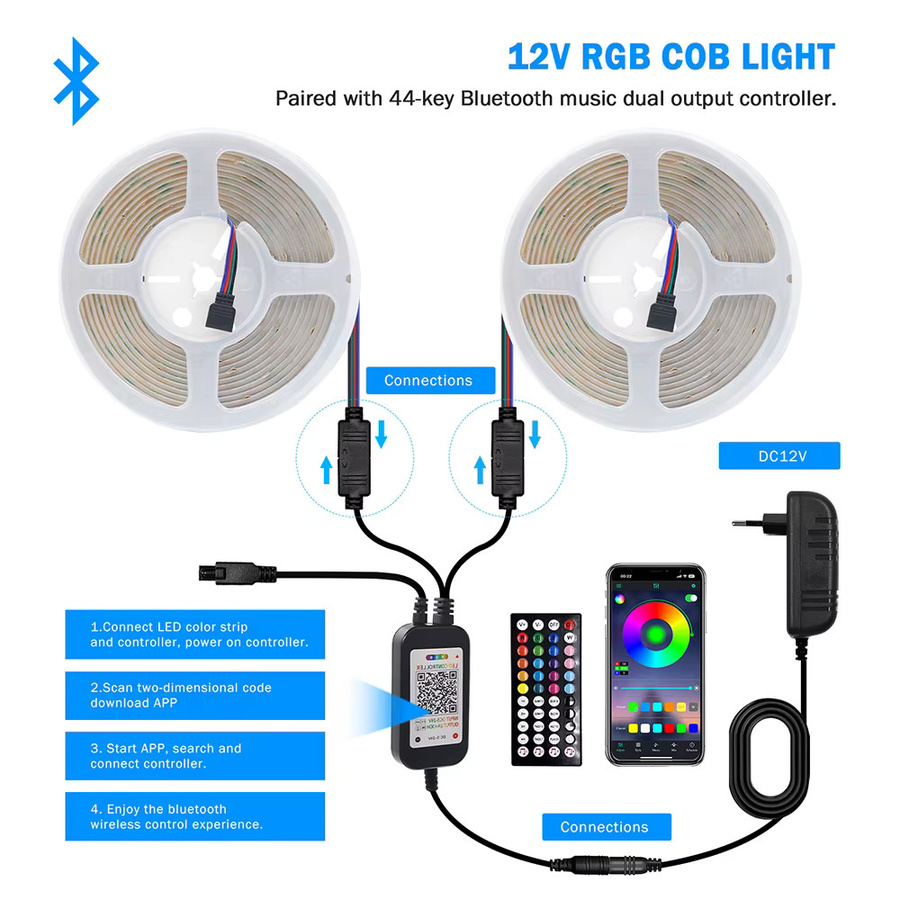 KISUFU RGB COB LED Streifen mit Wifi und Bluetooth, 12V flexibles Lichtband Multicolor mit Fernbedienung und Netzteil - Bild 2