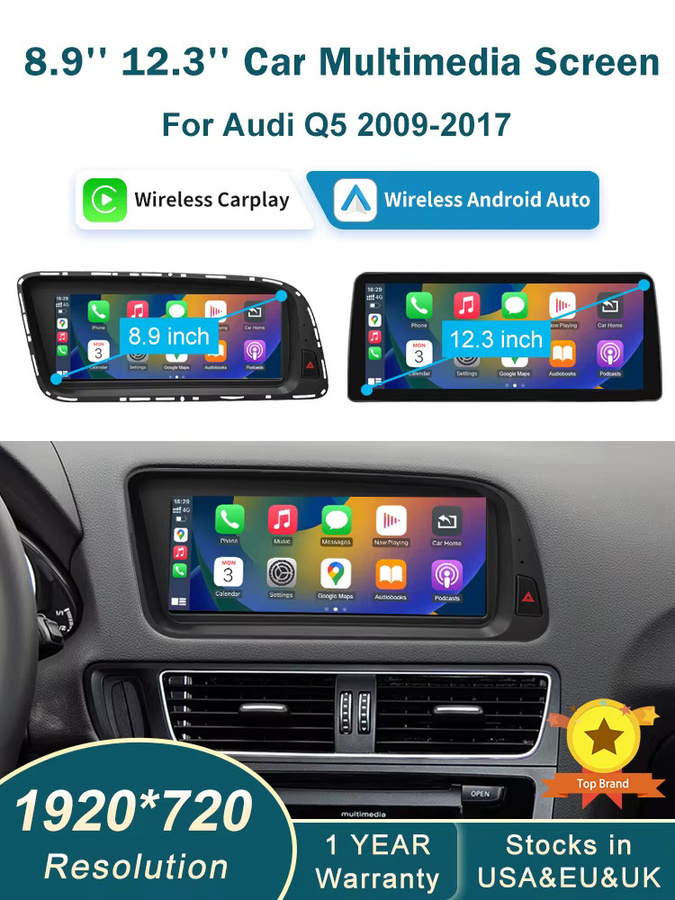 RoadTop 12,3 Zoll Wireless CarPlay Multimedia Bildschirm für Audi Q5 2009-2017 mit Android Auto und Airplay in Schwarz - Bild 1