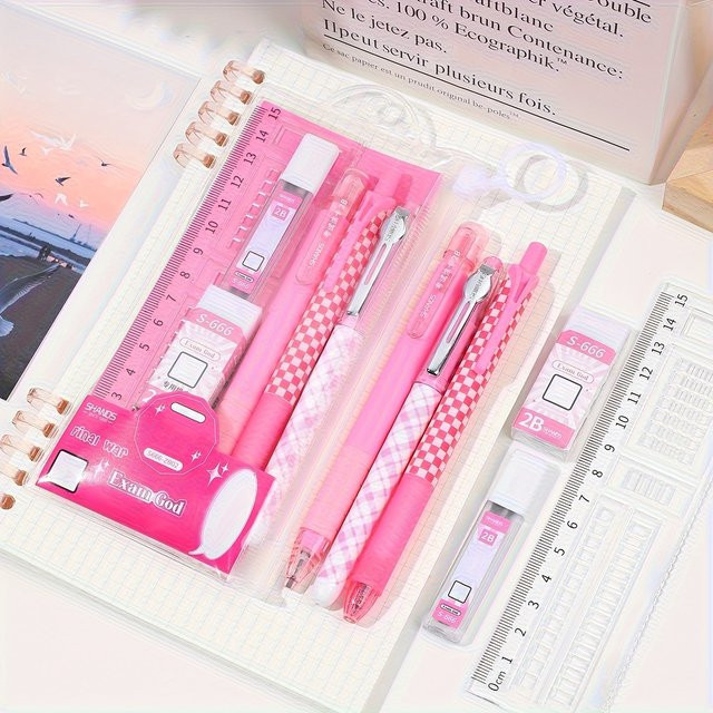 6-teiliges Schüler Schreibwaren-Set mit Lineal, Bleistift, Mine und Radiergummi in den Farben Schwarz, Blau und Pink - Bild 1