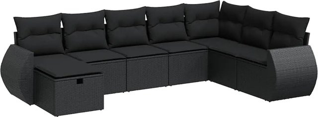 vidaXL 8-teilige Garten-Sofagarnitur in L-Form mit Kissen und Ottoman, Schwarz, Poly-Rattan und Metallrahmen - Bild 1
