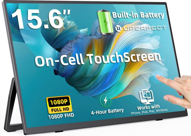 UPERFECT 15,6 Zoll tragbarer Monitor mit Touchscreen, integriertem 8000 mAh Akku, 100 % sRGB, ultradünnes 10-Punkt-Touch-Display in Schwarz mit USB-C und Mini HDMI - Bild 1