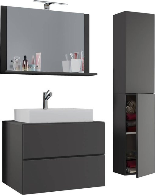 VCM Möbel Badezimmer Set Lendas 4-teilig in Anthrazit und Weiß mit Keramik-Waschbecken, Unterschrank, Spiegel mit Ablage und Hochschrank, B/H/T: 80 x 150 x 52 cm - Bild 1