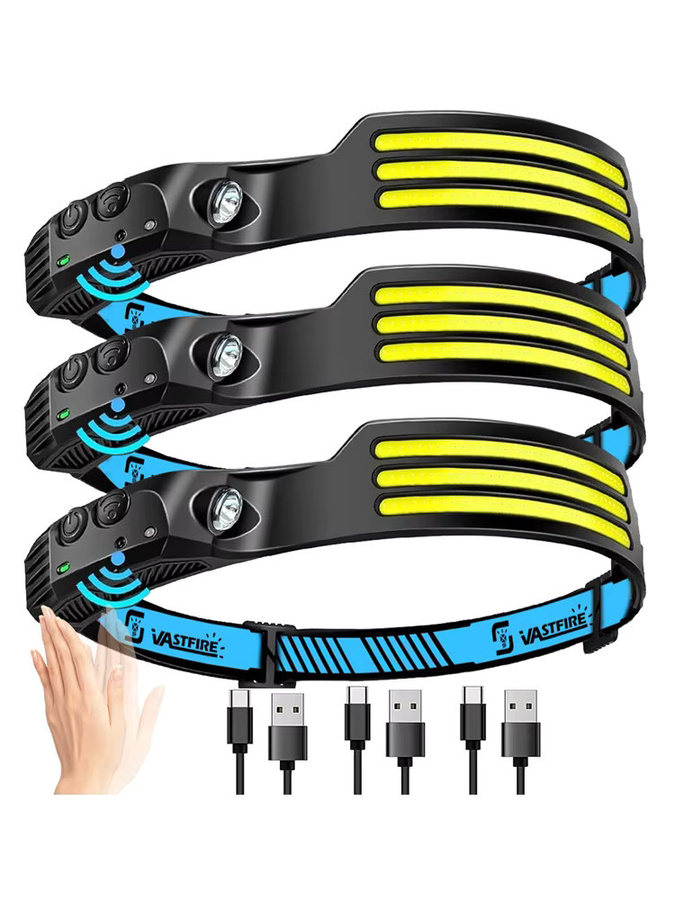 VASTFIRE LED Stirnlampe mit Bewegungssensor, USB wiederaufladbar, wasserdichte XPE+COB Taschenlampe in Schwarz - Bild 7