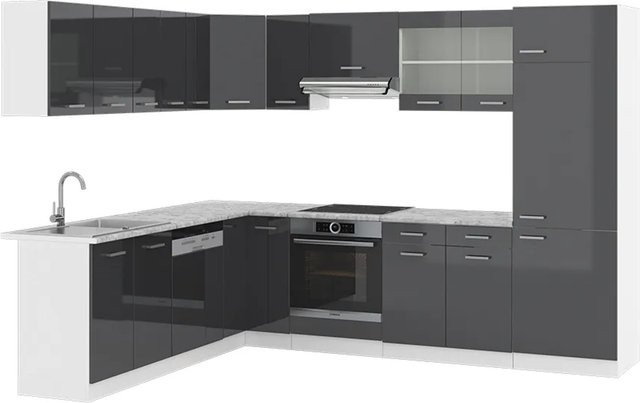 Vicco R-Line Eckküche Einbauküche in Anthrazit Hochglanz und Weiß mit Marmor-Optik B/T/H: 227 x 287 x 207 cm - Bild 2