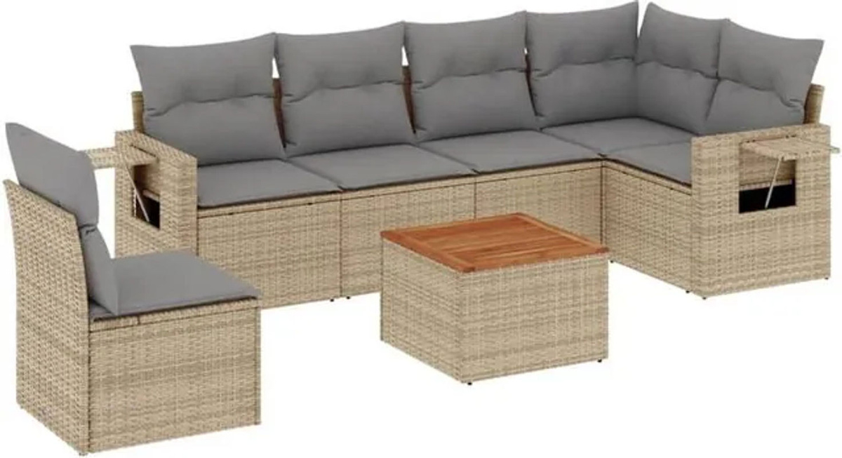 7-tlg. Garten-Sofagarnitur mit Kissen aus Polyrattan in Beige von vidaxl - Bild 1