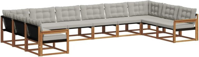 vidaXL Outdoor-Sofagarnitur 10-tlg. aus Akazienholz mit Textilene und Kissen in Natur und Hellgrau - Bild 1