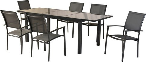 Merxx Gartenmöbel-Set Milano 7-teilig in Grau mit ausziehbarem Glastisch und Stapelsesseln aus Aluminium - Bild 1