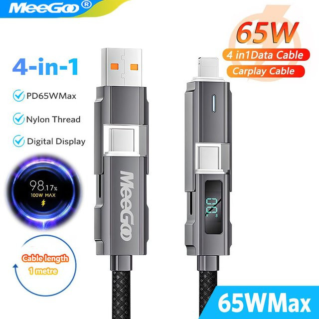 MeeGoo 4-in-1 USB-C-Kabel mit 65W Schnellladefunktion und LED-Anzeige für Tablet und Handy - Bild 1