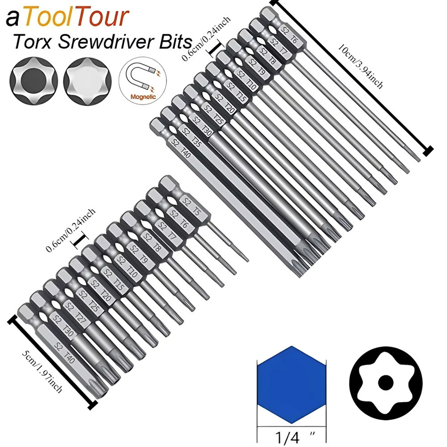 KRIOCY Magnetisches Torx-Schraubendreher-Set in Silber, extra lange Sternbohrer-Bits mit 1/4 Zoll Sechskant für Drehwerkzeuge - Bild 1