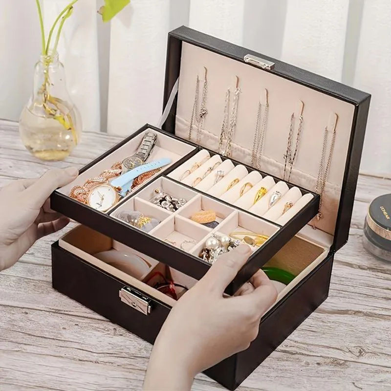Schmuckaufbewahrungsbox von vaiquela in Schwarz aus Leder mit Schloss und zwei Ebenen für Ringe und Halsketten - Bild 1