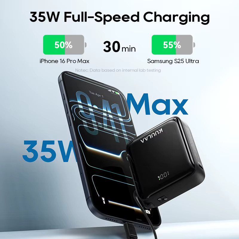 KUULAA Mini Powerbank 10000mAh mit integriertem USB-C-Kabel, 35W Schnellladegerät, Schwarz - Bild 3