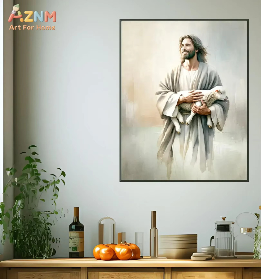 AZNM Moderne Christliche Jesus Leinwand Wandkunst Der Gute Hirte auf dem Wasser Multicolour Rahmenloses Spirituelles Ölgemälde - Bild 2