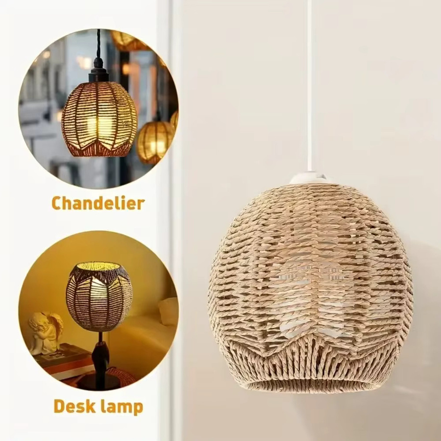 JOYINLED Rattan Pendelleuchte E27 im Boho-Stil aus Papier und Holz, Farbe: Beige - Bild 2
