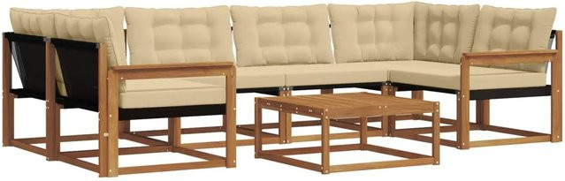 vidaXL Outdoor-Sofagarnitur 7-teilig aus Akazienholz mit Textilene und Kissen in Natur und Beige - Bild 1