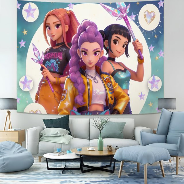 Hasbro Kpop Anime Idol Group Wandteppich mit Sternen-Motiv und Zauberstab in Multicolour, Wandbehang für dein Schlafzimmer oder Wohnzimmer, Breite: 130 cm, Höhe: 51 cm - Bild 1