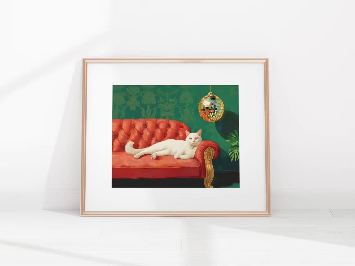Kunstdruck mit weißer Katze und Discokugel von SHENCHEN, bunte Wanddekoration für dein Zuhause - Bild 3