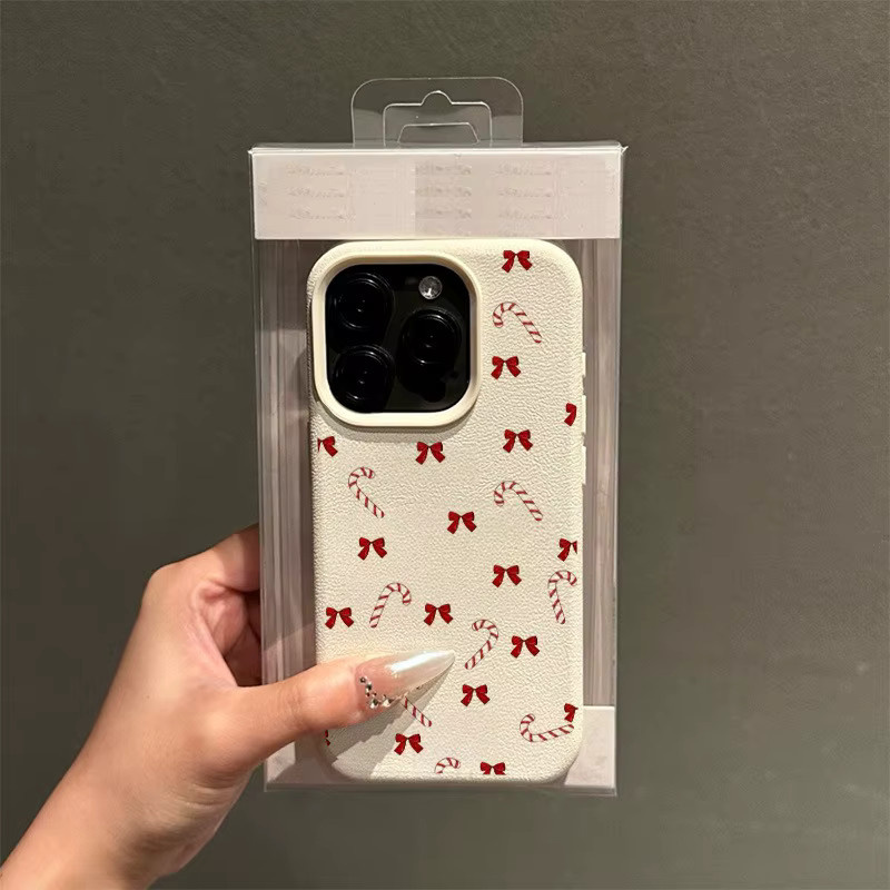 Apple iPhone Schutzhülle mit Bow-Knot Candy Cane Print und Lychee-Textur in Beige, passend für iPhone 17, 16, 15 Pro Max Plus Serien - Bild 3