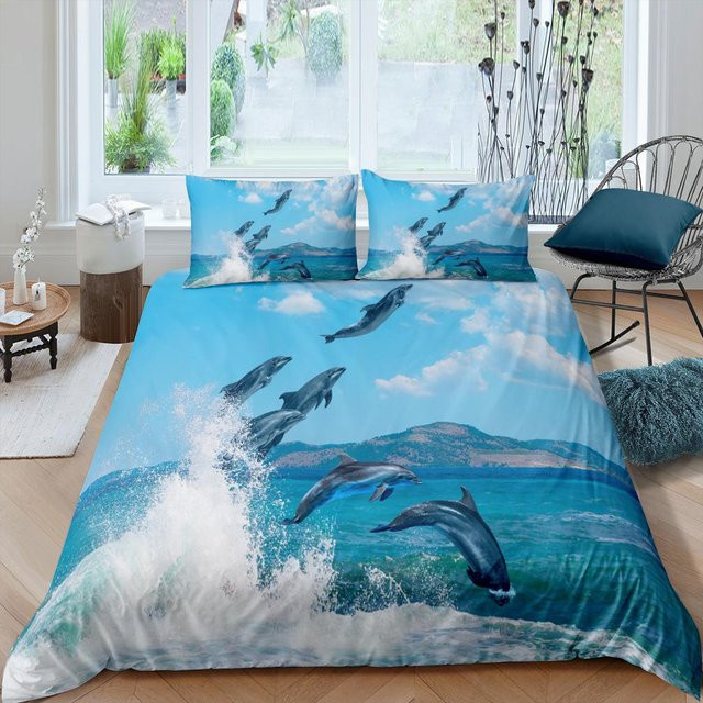 Binchi Fitness Bettwäsche-Set mit 3D-Delfin-Motiv in Blau, Mikrofaser, B/H: 135 x 200 cm - Bild 1