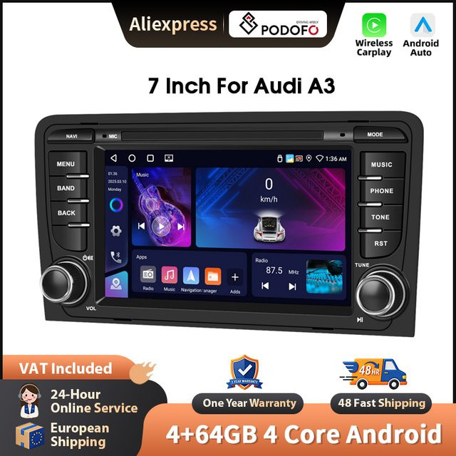 Podofo 7-Zoll Android Autoradio für Audi A3 8P (2003-2012) mit CarPlay, GPS-Navigation, WIFI, Bluetooth und FM/RDS in Schwarz - Bild 1