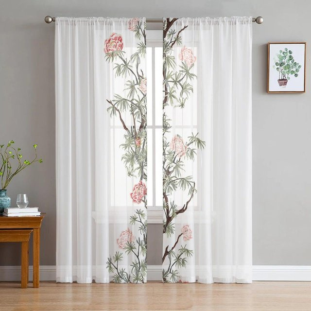 A Family Of Home Textiles Voile-Tüll-Vorhang mit schwarz-weißem floralem Rankenmuster, transparent, B/H: 135 x 114 cm - Bild 1