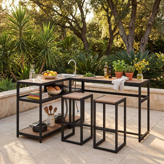 Bessagi Garden Outdoorküche Delia in Schwarz und Naturfarben inklusive Abdeckung - Bild 1