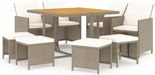 vidaXL 9-tlg Garten-Essgruppe Modell 6 aus Poly Rattan und Akazienholz in Beige mit Kissen - Bild 1