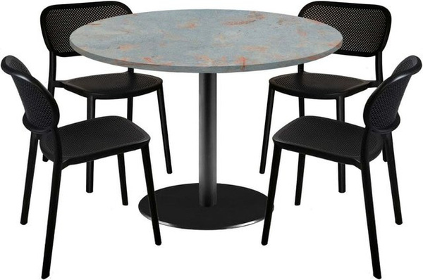 RestooTab Esstisch-Set Rome XL mit 4 Stühlen, runder Esstisch in Dekor Stein Grau mit schwarzem Metallgestell, B/T/H: 120 x 120 x 75 cm