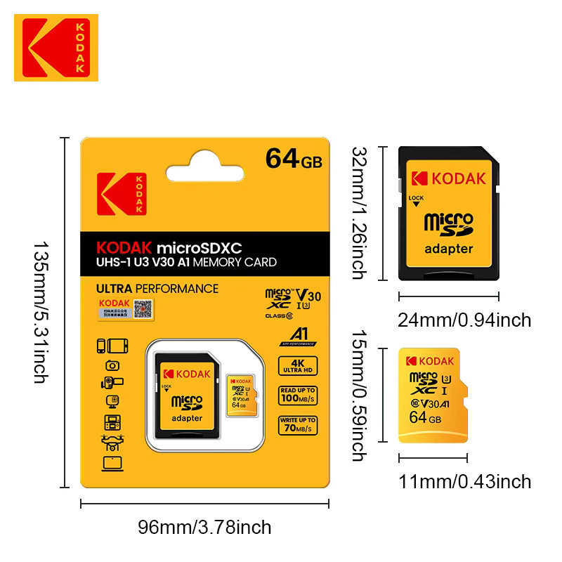 Kodak Micro SD-Karte Klasse 10 U3 4K Hochgeschwindigkeits-Speicherkarte 512GB Gelb - Bild 4