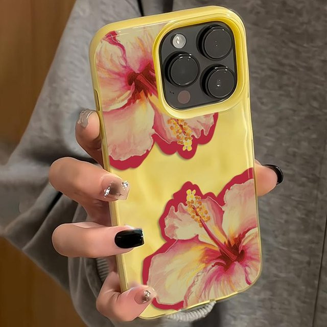 Elegante Handyhülle mit rosa Hibiskusblüte und Faltstruktur für Apple iPhone 11 bis iPhone 17 Pro Max in Pink und Gelb - Bild 1