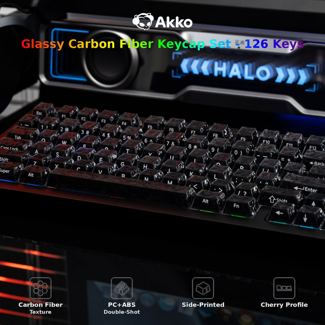 AKKO Keycaps mit glasierter Kohlefaser-Textur in Transparent und Blau, seitlich bedruckt, Cherry-Profil, PC+ABS Double-Shot-Tastenkappen-Set für RGB-Tastaturen - Bild 1