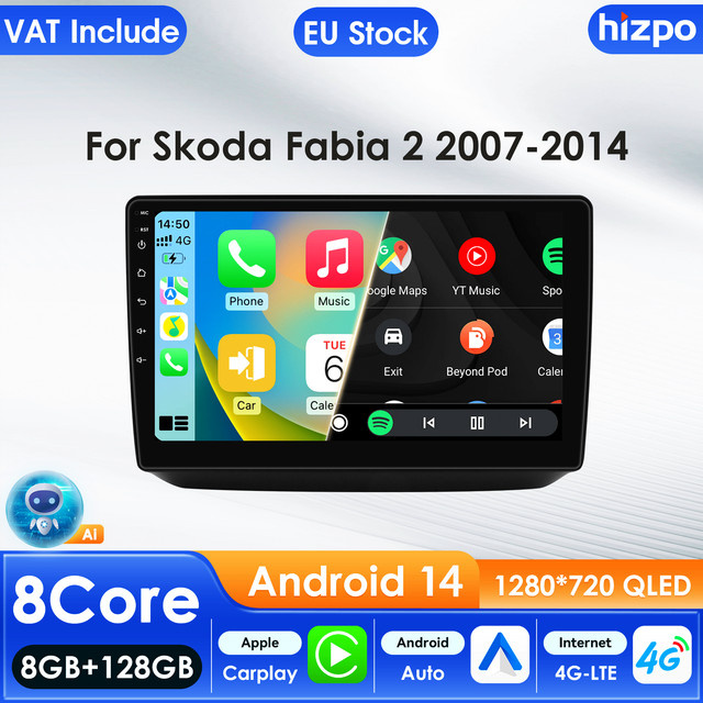 Hizpo 10,1 Zoll Auto-Multimedia-Player für Skoda Fabia 2 (2007–2014) mit GPS, Carplay, 4G und 360 Cam in Schwarz - Bild 1