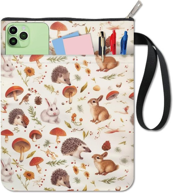 Buchhülle mit Reißverschluss und Naturmotiv Kaninchen, Igel und Pilze in Multicolor, Maße: 11 x 8,7 cm - Bild 1